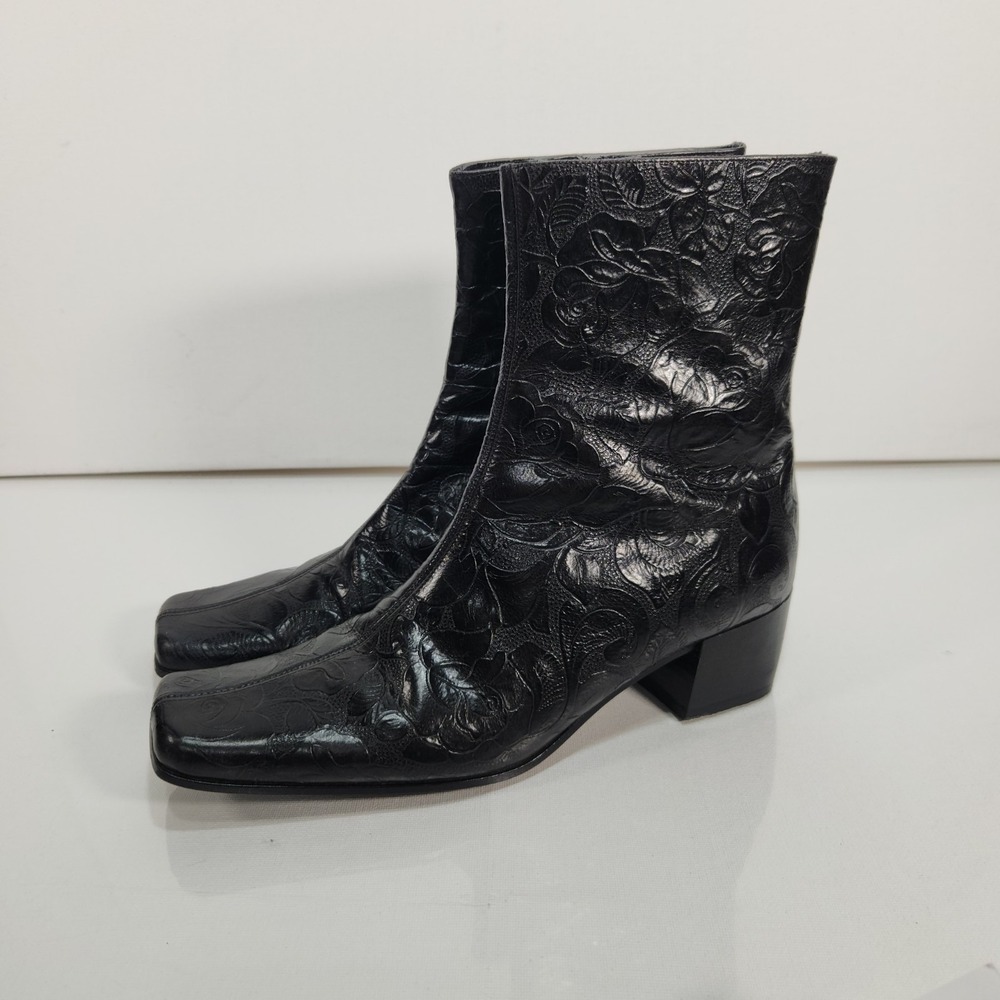 August Max Womens Italian Leather Booties Size  8M Black Floral Rose Print